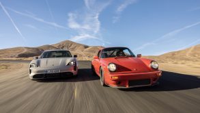G-body Porsche 911 and Porsche Taycan side-side-side