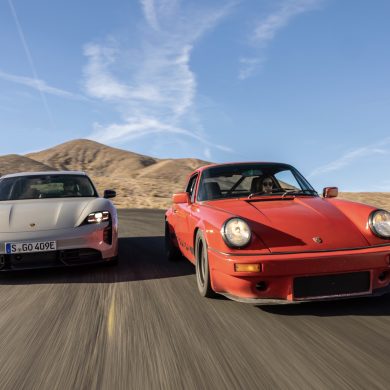 G-body Porsche 911 and Porsche Taycan side-side-side